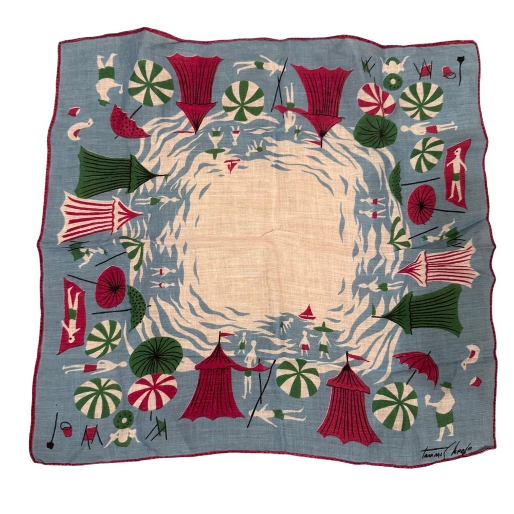 Rare Signed Vintage Tammis Keefe Cotton Handkerchief Whimsical Beach Scene‎